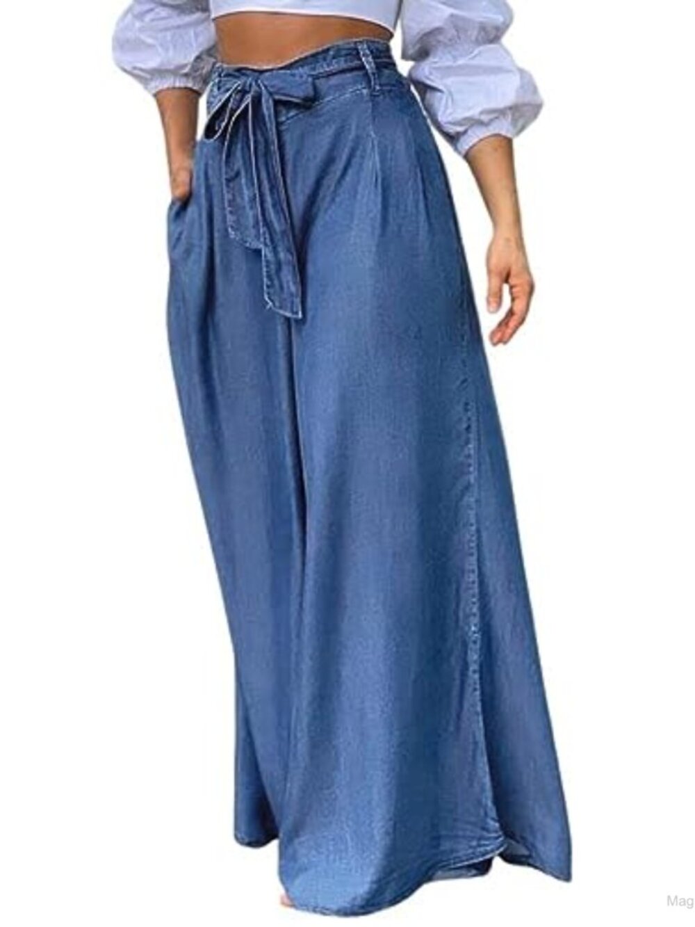 Wide Leg High Waist Tie Knot Jeans Palazzo Culottes with Pockets